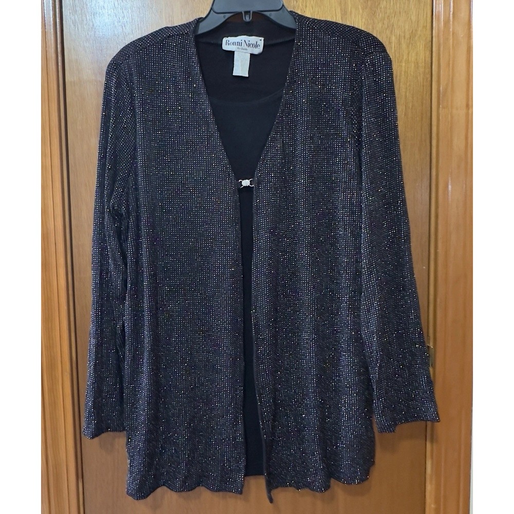Ronni Nicole by Ouida Women's Cardigan With Tank Shirt Black Sparkly Size 16 - Picture 2 of 7